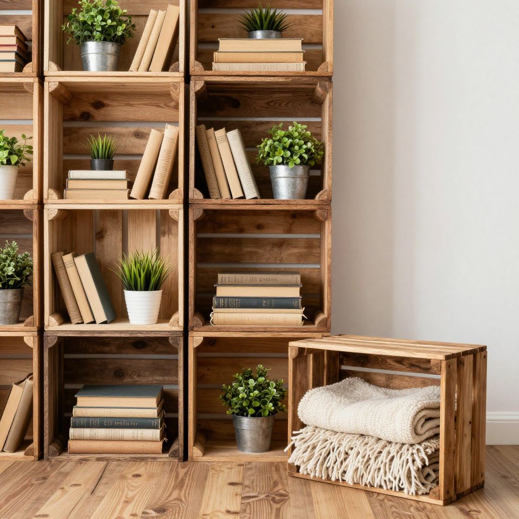 interior photography of rustic wooden crates stacked as a bookshelf against a white wall, filled with books and small potted plants, one cra.