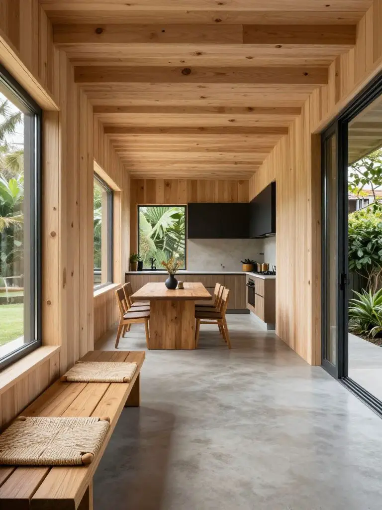 Showcase a modern wooden home deeply inspired by its natural surroundings, where the foreground features a long slatted oak bench with woven.