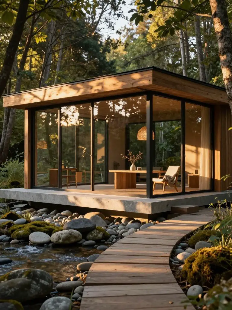 Photograph an ultra- woodland glass retreat, blending minimalist Scandinavian and Japandi influences, in the golden hour of late afternoon.