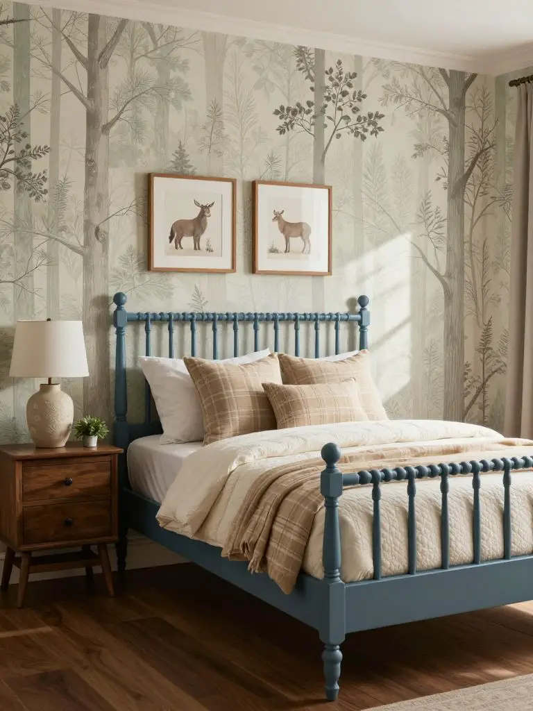 A woodland-inspired twin bedroom featuring soft tree-patterned wallpaper and classic cabin decorating ideas.