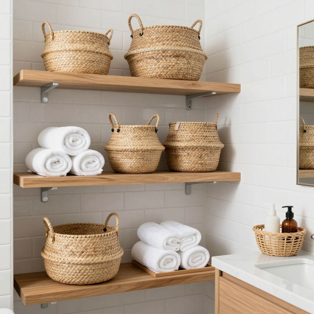interior photography of a bright modern bathroom with white subway tiles, featuring natural woven seagrass baskets in various sizes on open.