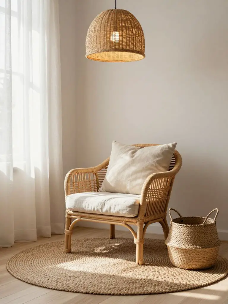 A cozy eco friendly reading corner featuring a woven rattan armchair with plush organic linen cushions in cream and beige.