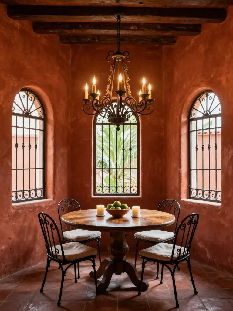 An intimate Mexican dining nook featuring a round wooden table centered beneath an ornate wrought iron chandelier with candle-style bulbs.