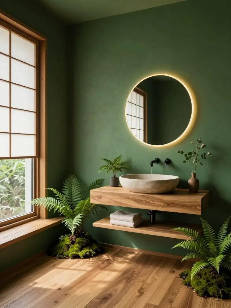 A serene Zen-inspired emerald green bathroom blending Japanese minimalism with warm rustic elements.