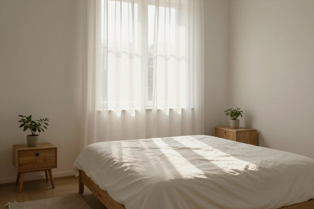 Serene minimalist bedroom at sunrise with streaming through sheer white curtains, a neatly made bed with white linen sheets, a simple
