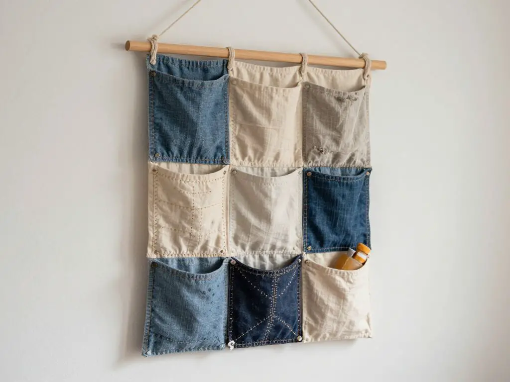 DIY fabric wall organizer from recycled cloth hanging storage pockets idea