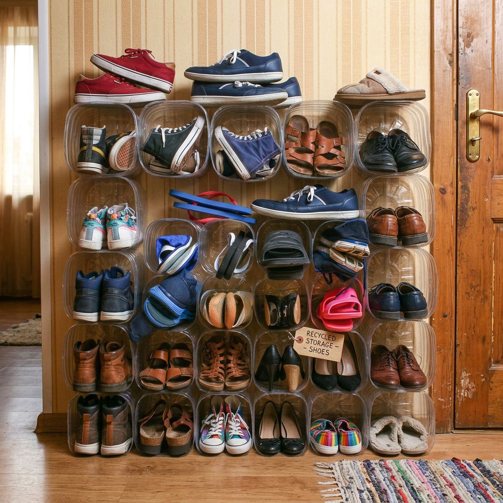 recycled plastic bottle shoe organizer DIY space saving storage solution