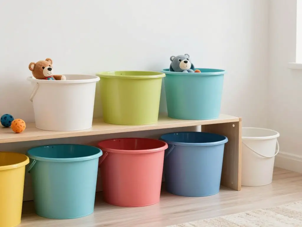 DIY toy storage bins from recycled buckets kids room organization idea