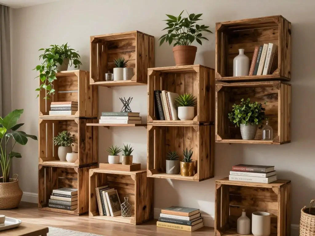 wooden crate shelves DIY recycled storage rustic home organization idea