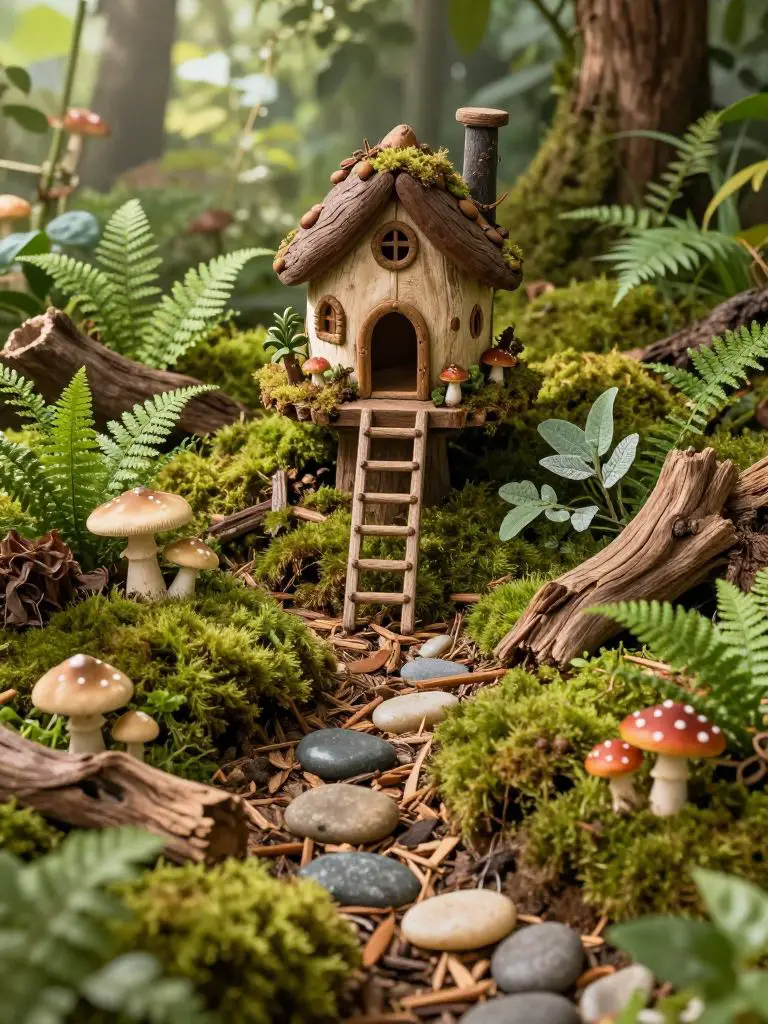 Create a woodland-inspired fairy garden scene featuring a miniature acorn-roof fairy house elevated on a pedestal surrounded by lush preserv.