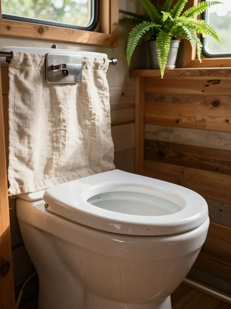 Show a modern composting toilet installed in a tiny house bathroom, shot from a low, slightly off-center angle to place the white ceramic se.