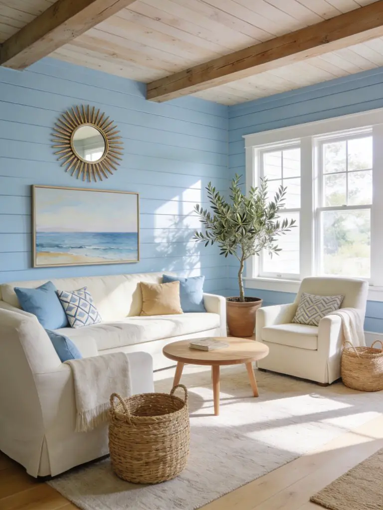 An airy rustic cabin living room with a soft coastal influence created through pale sky-blue shiplap walls and bright natural light.