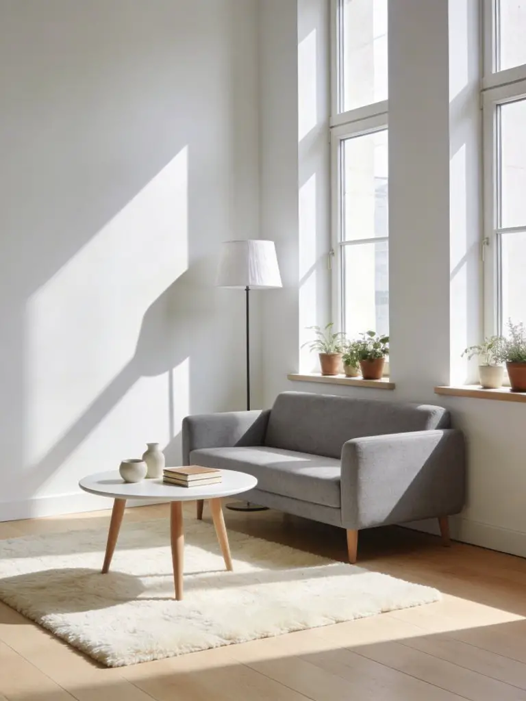 An airy corner living room with a compact grey sofa placed between tall architectural windows in a Scandinavian minimalist design style.