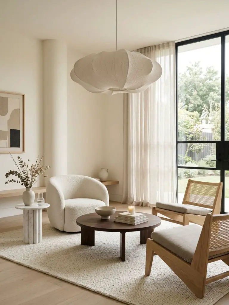 An airy Japandi minimalist living room designed around sculptural lighting and soft architectural lines.
