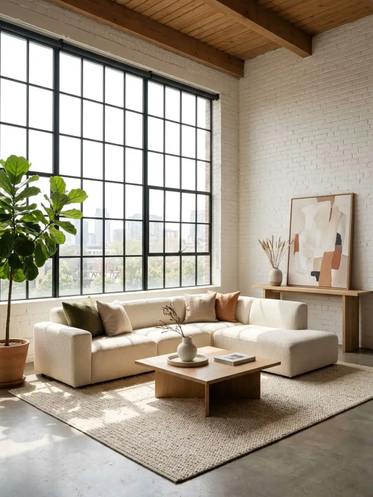 A spacious warm minimalist living room inside an airy loft-style interior.