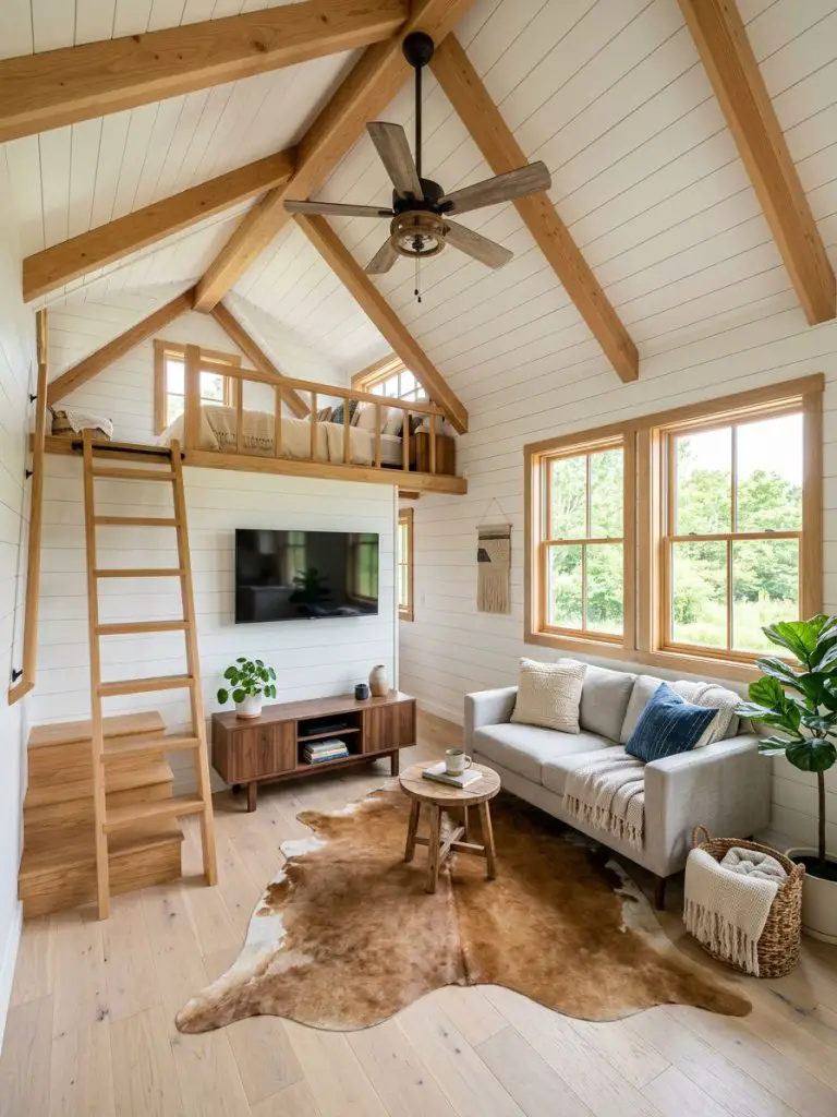 An airy tiny house living room with loft design styled in modern rustic minimalism featuring white horizontal shiplap walls, exposed light w.