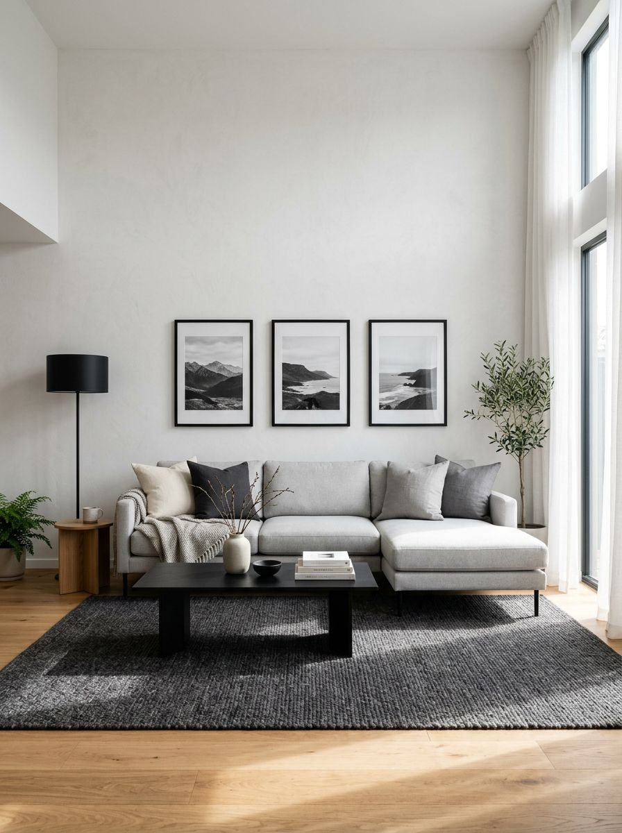 An airy black and white minimalist living room designed in a soft Scandinavian-inspired Warm Minimalist style.