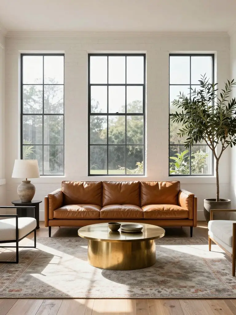 An airy modern minimalist living room designed with large industrial-style windows that flood the space with natural light.