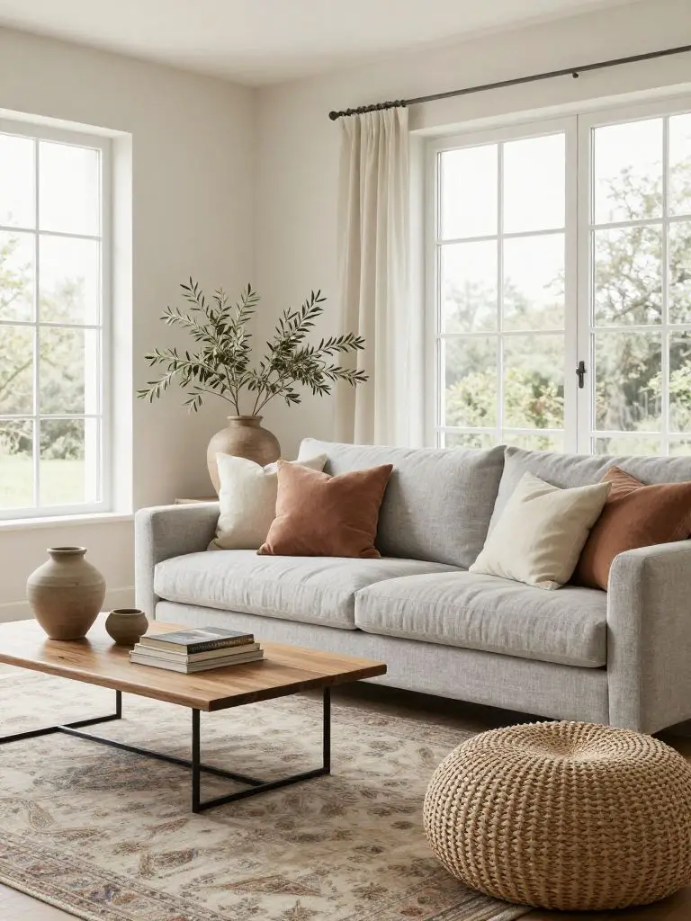 An airy warm minimalist living room styled with Scandinavian simplicity and earthy accents.