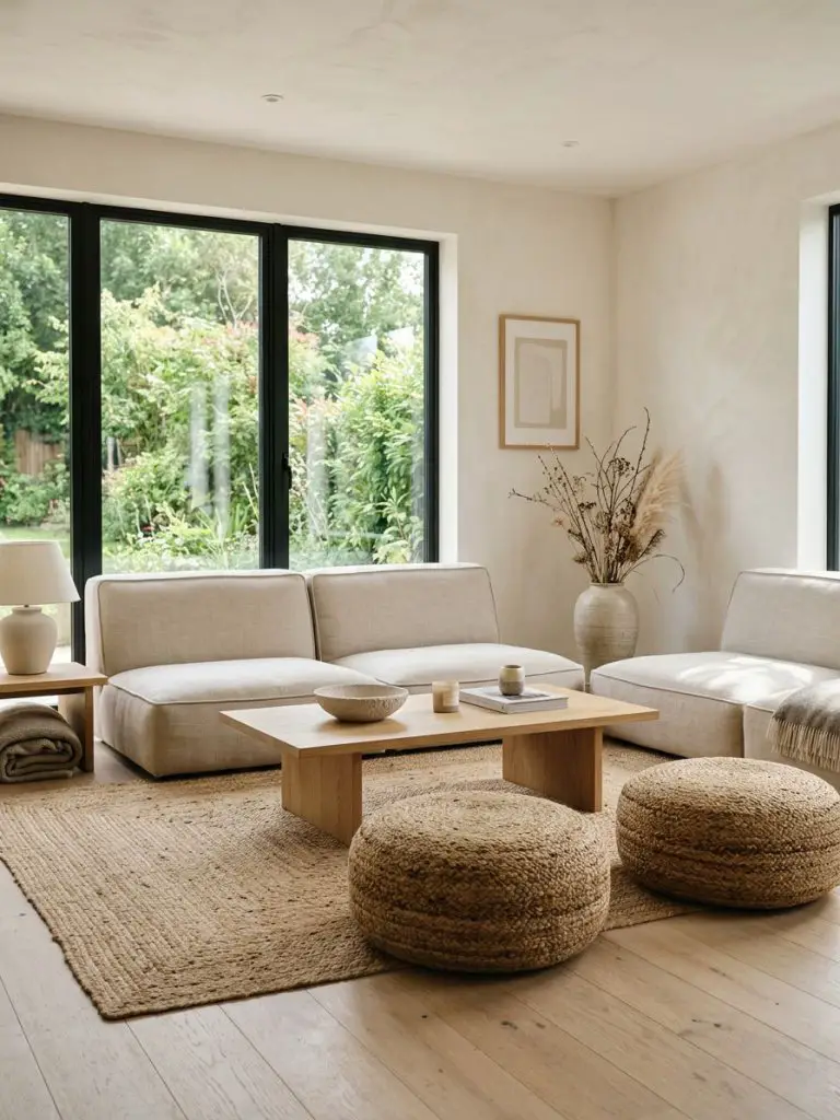 An airy natural minimalist living room with low floor seating and organic textures inspired by Japandi and Scandinavian interiors.