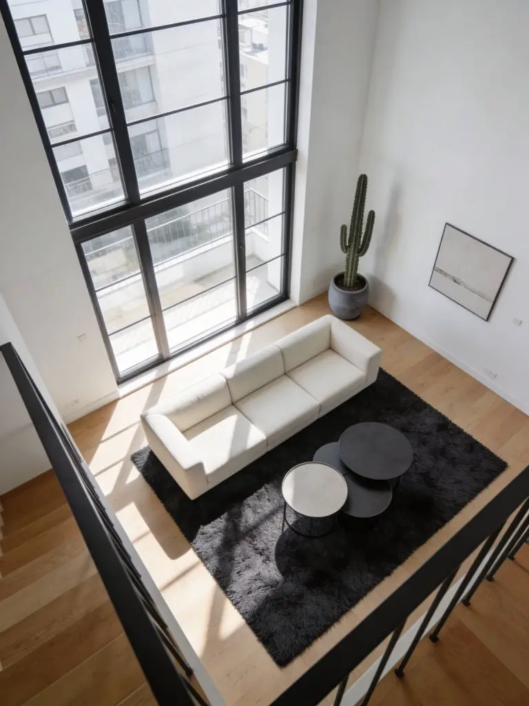 An airy open-plan minimalist living room in a compact apartment with dramatic tall windows as the architectural feature.