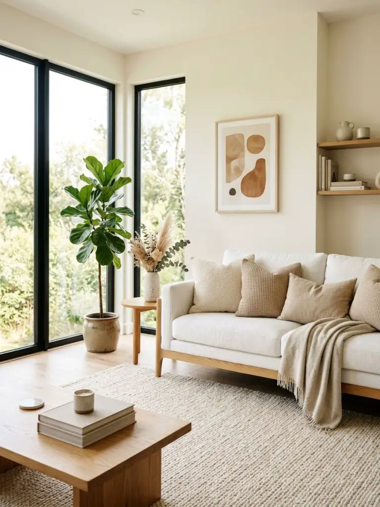 A bright Scandinavian warm minimalist living room filled with soft daylight and natural textures.