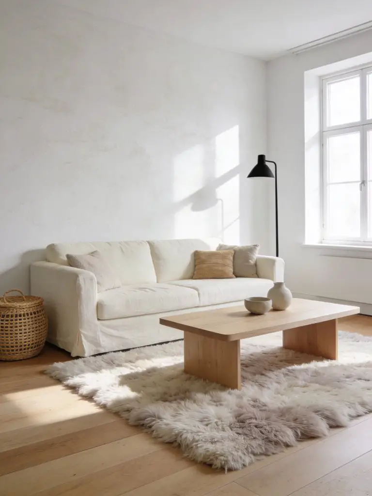 An airy Scandinavian minimalist living room designed for a compact apartment space.
