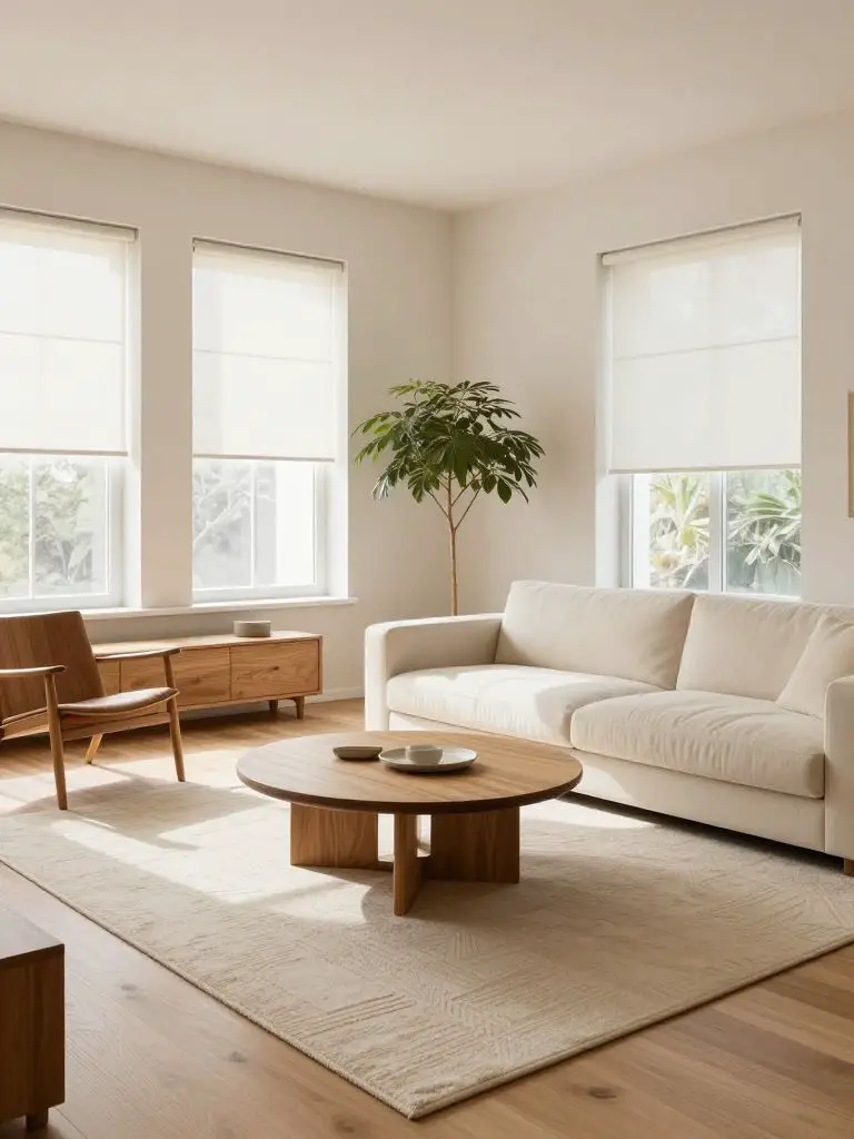 A bright Scandinavian minimalist living room featuring a long ivory sectional sofa positioned along the right side of the room as the hero s.
