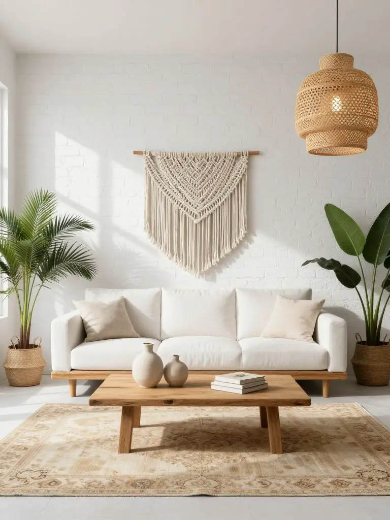 An airy boho minimalist living room featuring a bright white interior with natural textures and subtle earthy accents.