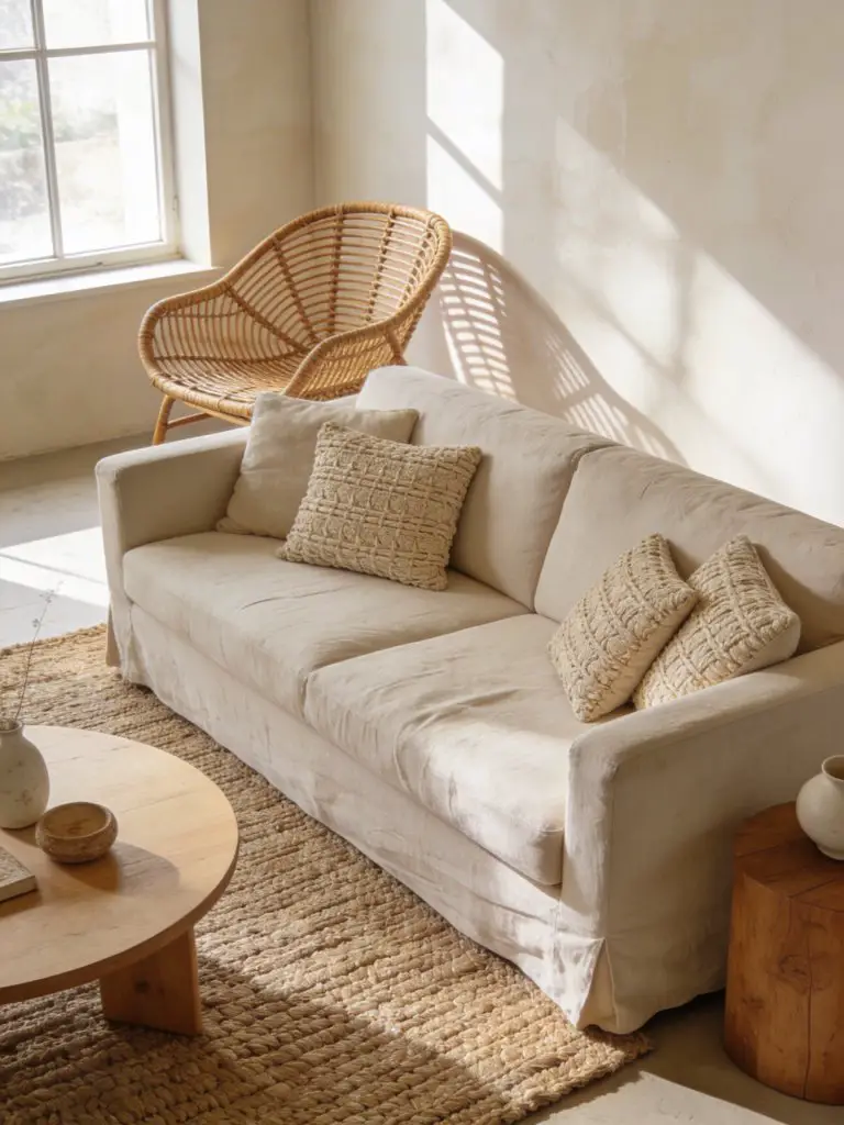Organic modern living room styled with an almond beige and rattan textured neutral palette.