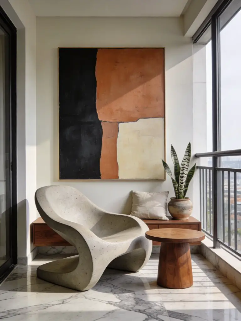 A creative small balcony design for apartments styled as a minimalist art-inspired reading corner.