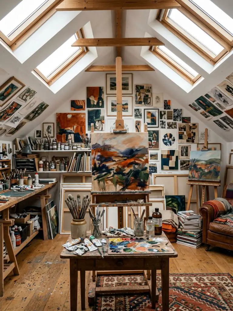 An artistic bonus room studio with an eclectic, creative atmosphere, featuring easels, paint supplies, and layered artwork across the walls.