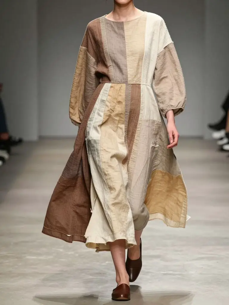 A contemporary runway scene showcasing artistic sustainable fashion through textile patchwork and natural fiber fabrics.