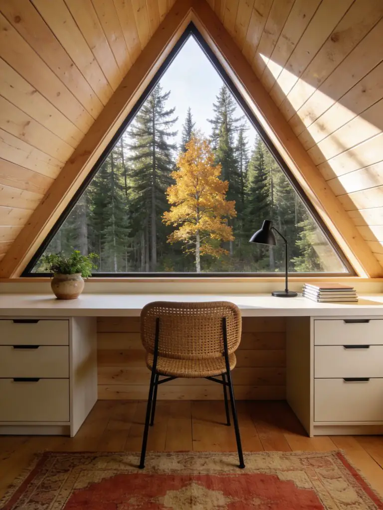 A serene attic workspace inside a rustic modern cabin featuring a dramatic triangular window framing a forest landscape.