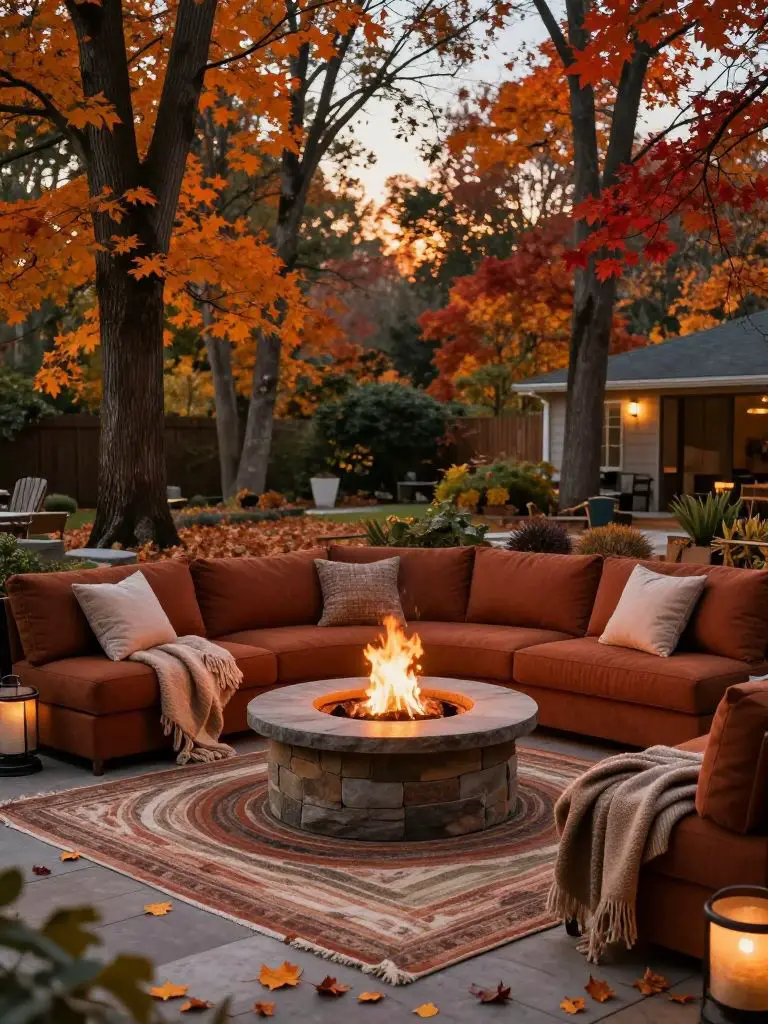 Design an autumn-inspired backyard fire pit lounge surrounded by tall trees with orange and red foliage.