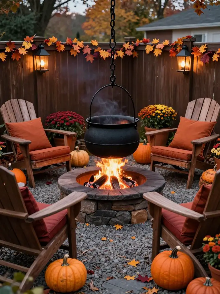 Create an autumn witch fire pit corner in a backyard using cozy rustic styling.