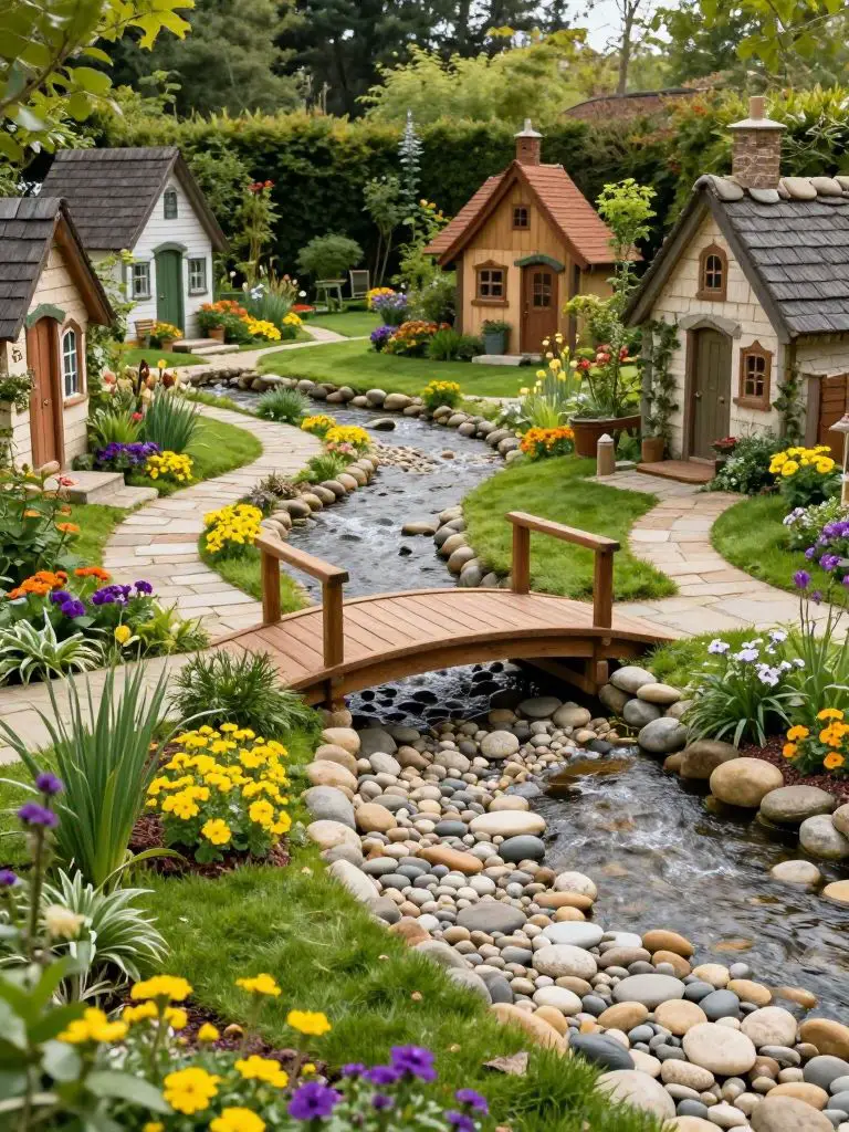 Design a spacious backyard fairy neighborhood featuring multiple cottages, a wooden arched bridge, and a pebble-lined pathway.