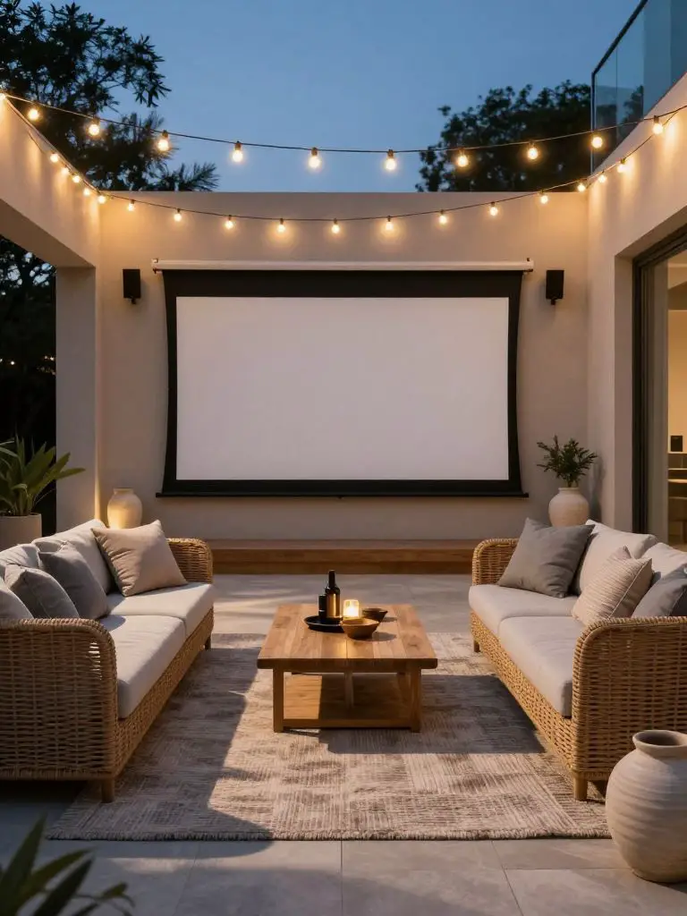 Create a cozy outdoor movie lounge beneath string lights with woven rattan seating and layered neutral textiles.