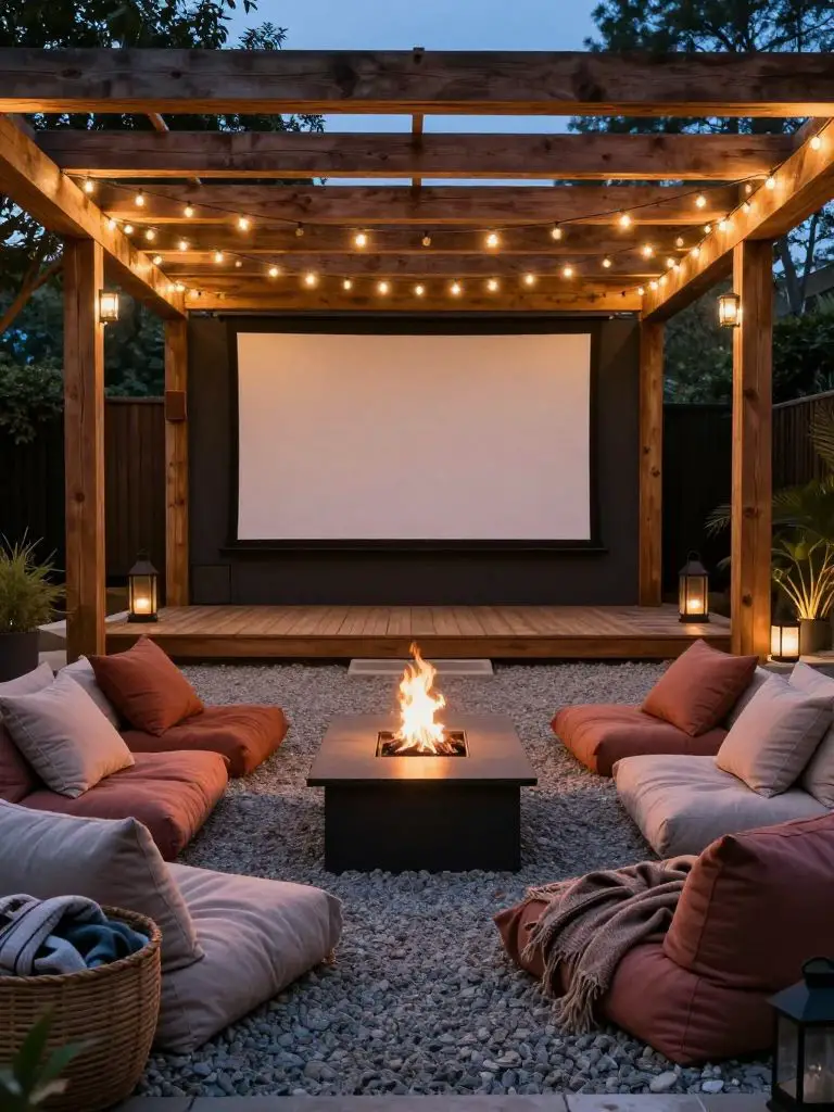 Design a cozy backyard outdoor movie lounge under a wooden pergola wrapped in warm string lights.