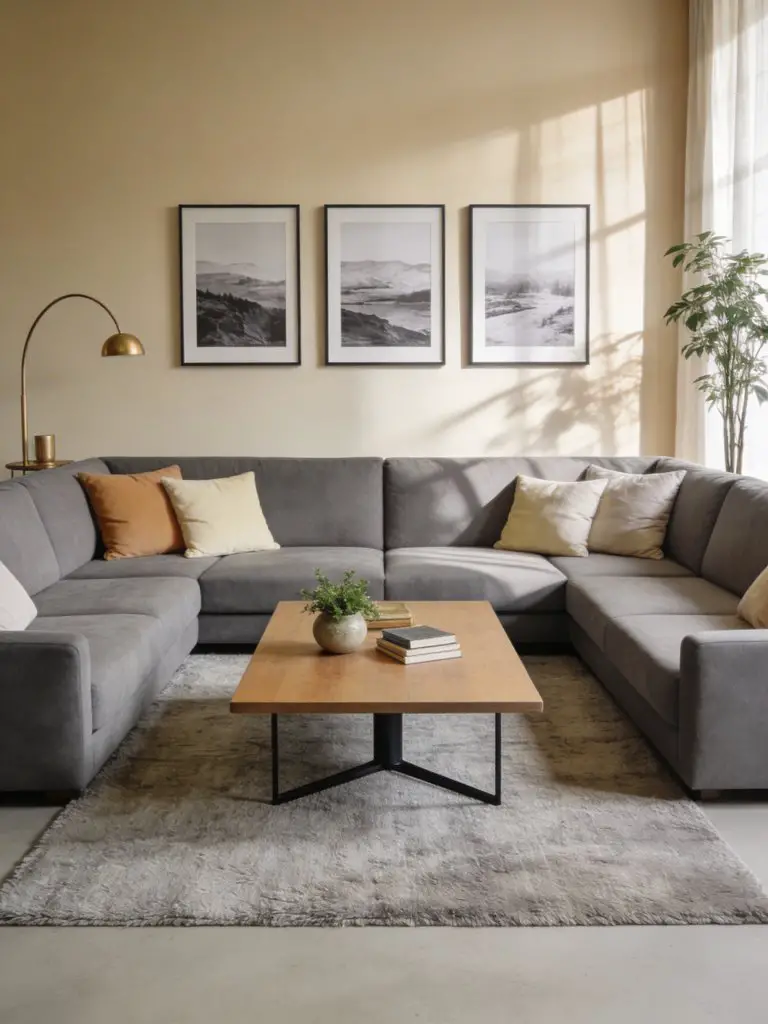 A calm minimalist living room centered around a wide grey sectional sofa arranged symmetrically against a soft warm beige wall.