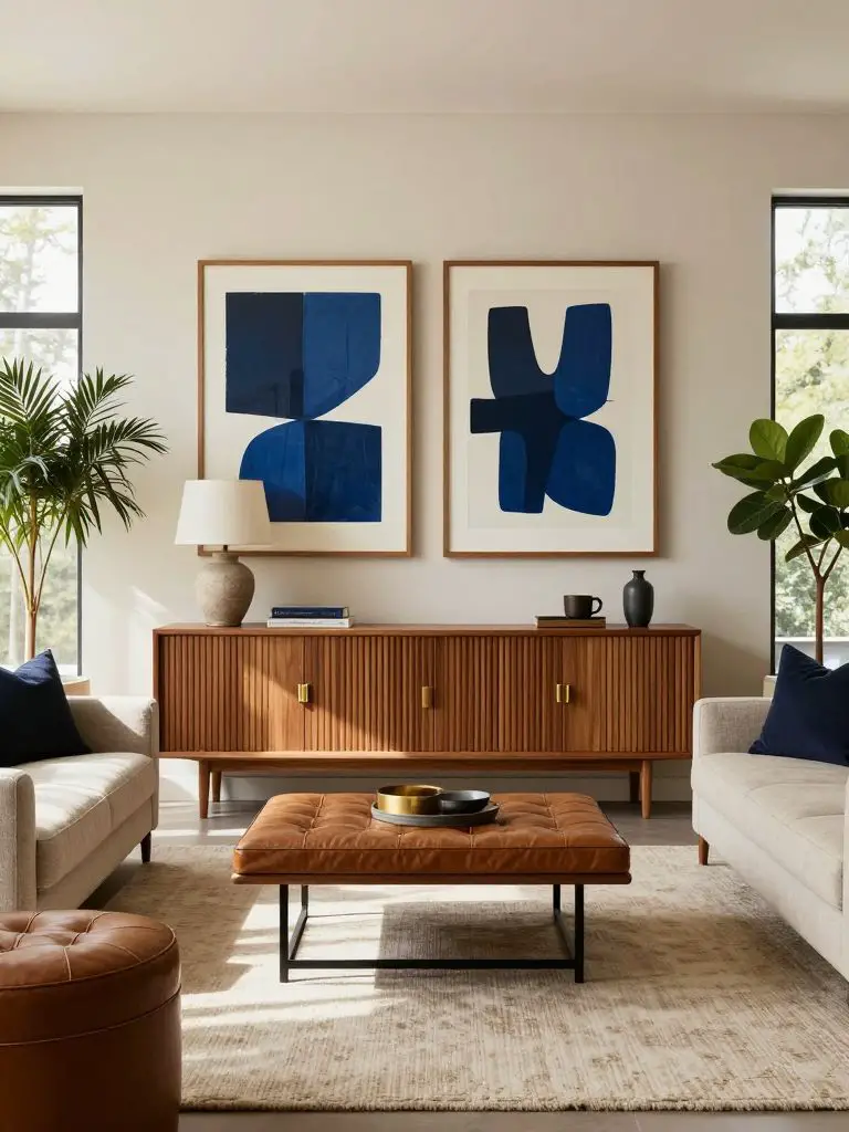 A modern living room styled with symmetrical wall art above a mid-century inspired console cabinet.
