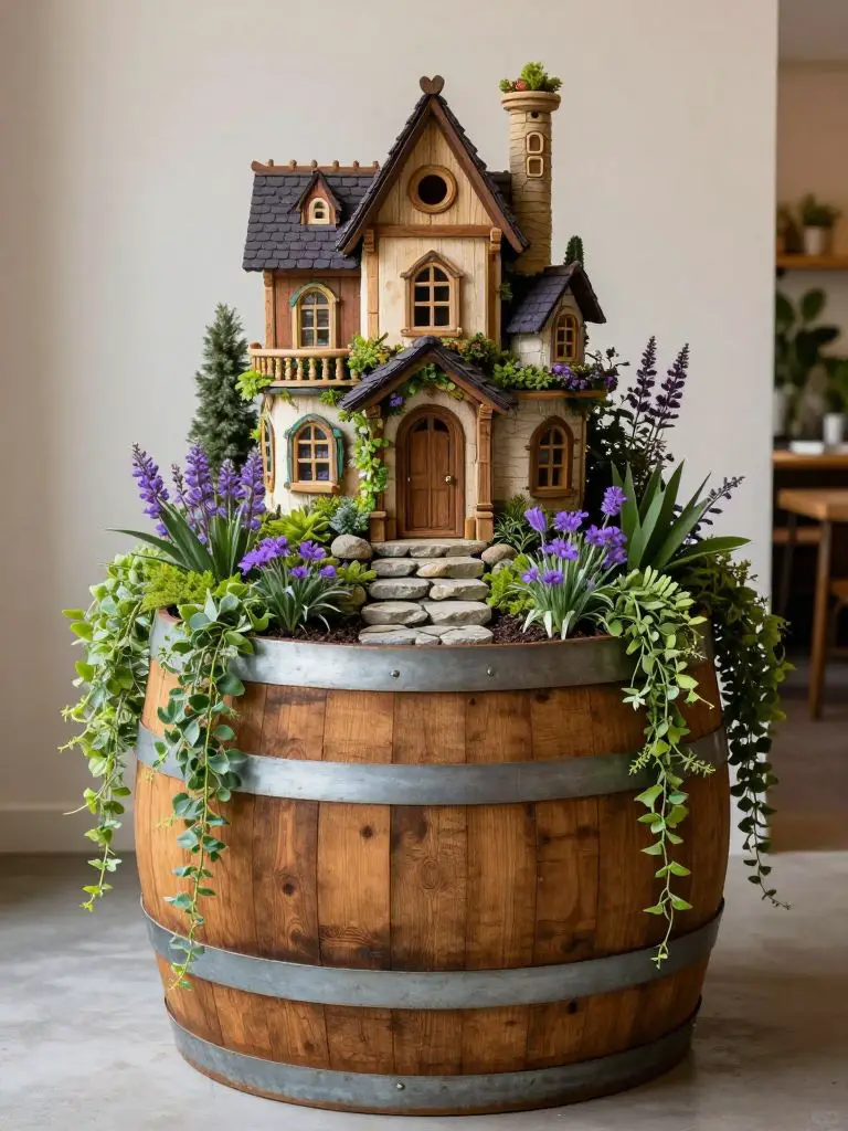 Create a large wooden barrel planter transformed into a fairy manor display.