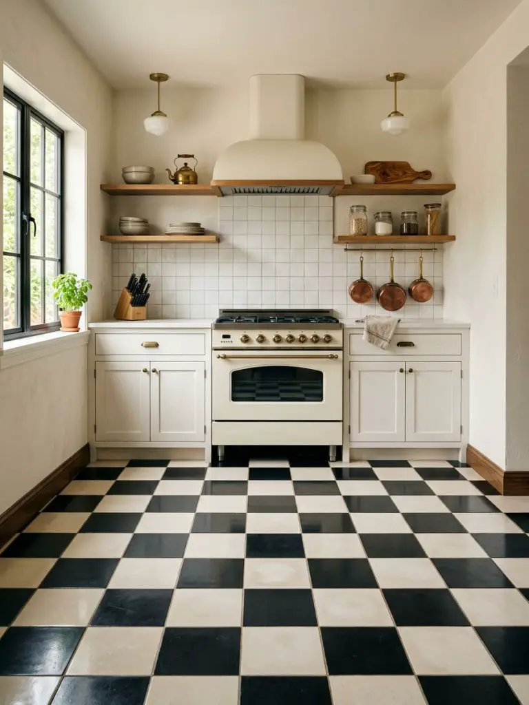 A retro-inspired kitchen featuring bold black and white checker tile flooring in a warm minimalist and vintage-modern fusion.