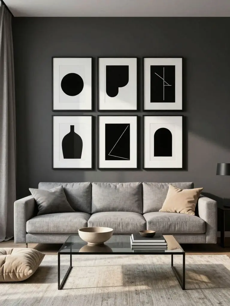A modern minimalist living room featuring a dramatic black and white grid gallery wall above a soft grey fabric sofa.