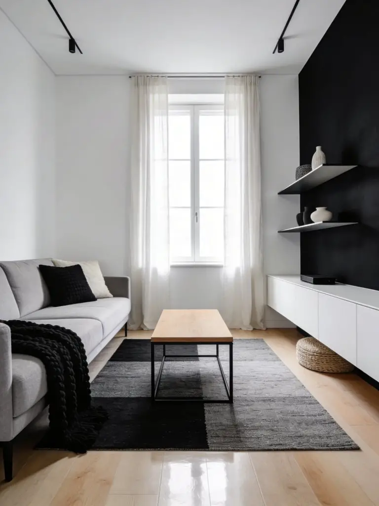 A modern minimalist apartment living room styled with strong black and white contrast, inspired by contemporary Scandinavian interiors.
