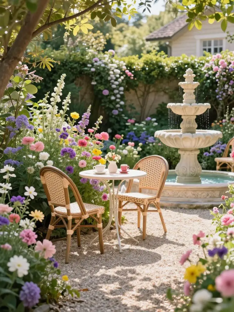 Design a charming cottage-style flower garden bursting with pink, purple, yellow, and white blooms surrounding a small bistro table with two.