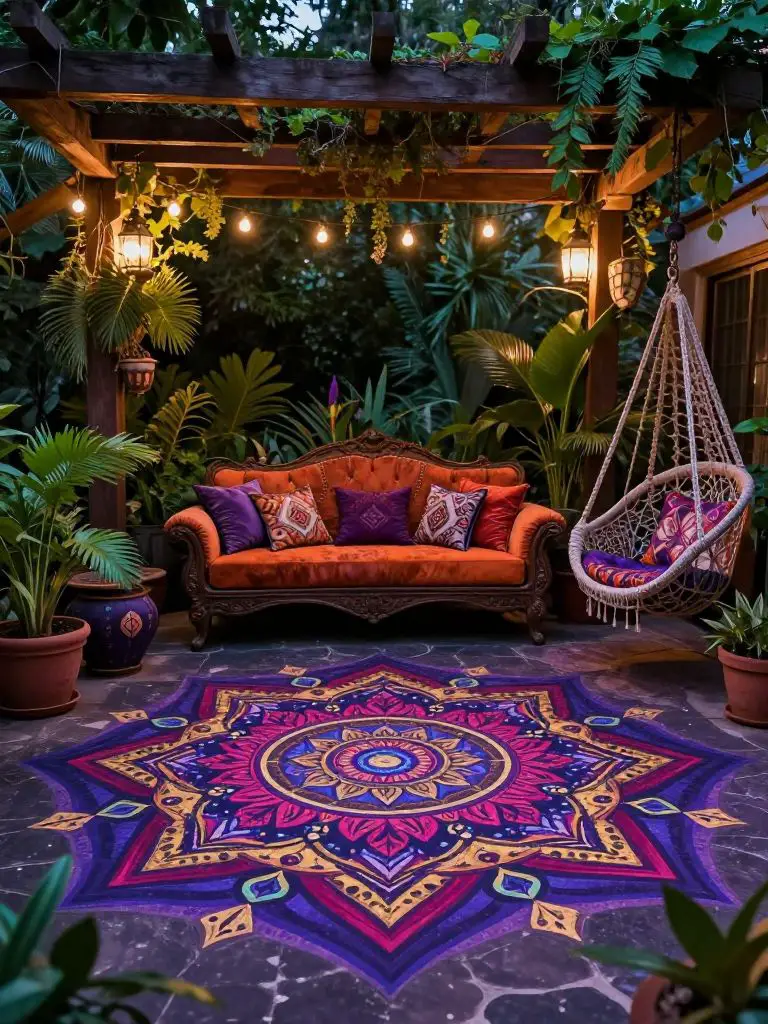 Design a bohemian witch patio with vibrant mandala floor art as the focal point centered in the frame.