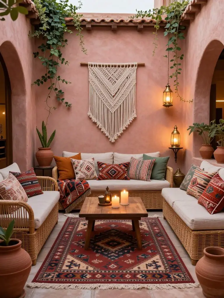 Create a cozy bohemian courtyard nook featuring a woven sofa layered with patterned throw pillows and a richly textured area rug.