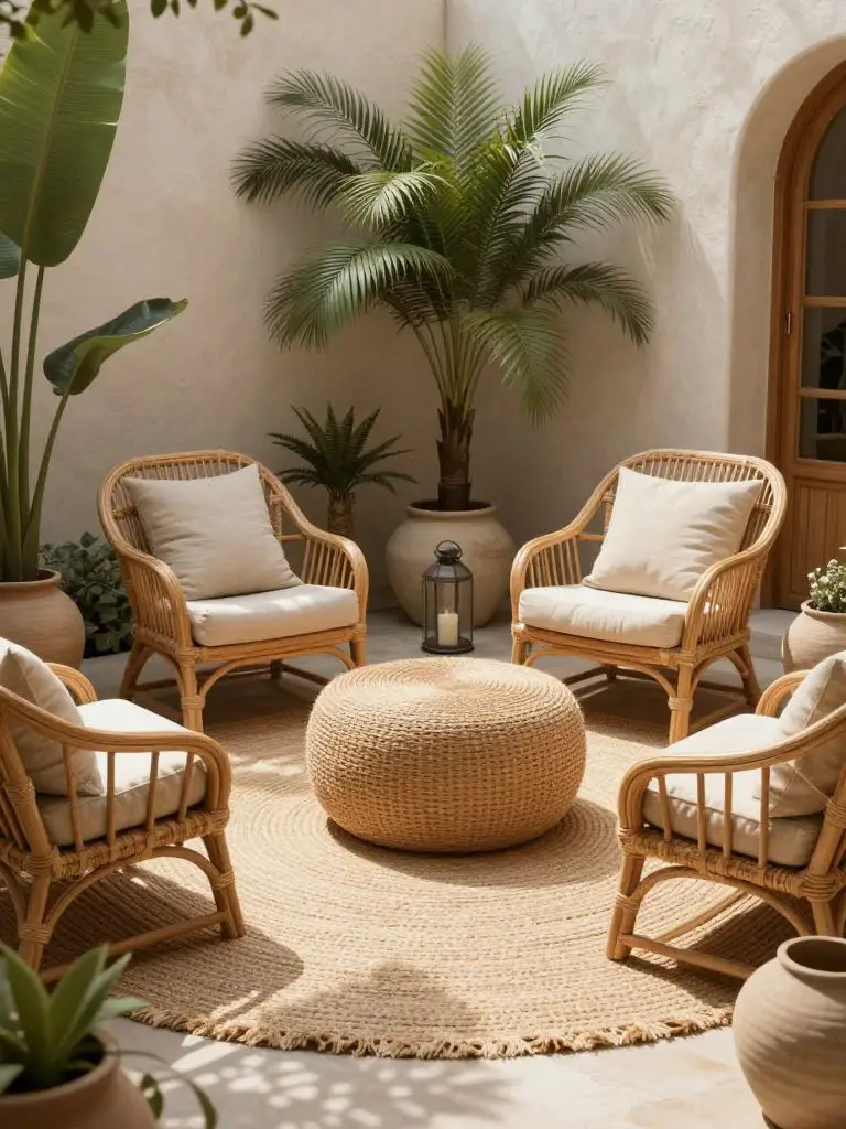 A boho-inspired patio corner in warm minimalist style featuring rattan lounge chairs arranged around a small round ottoman on a textured wov.