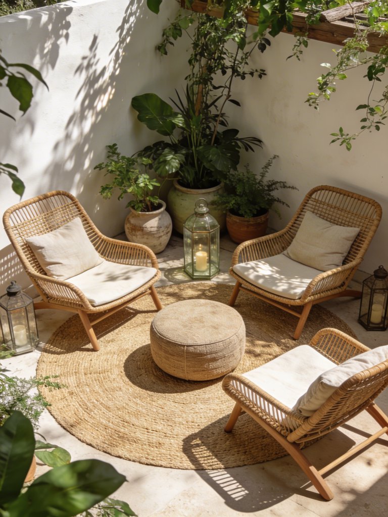 A boho-inspired patio corner in warm minimalist style featuring rattan lounge chairs arranged around a small round ottoman on a textured wov.